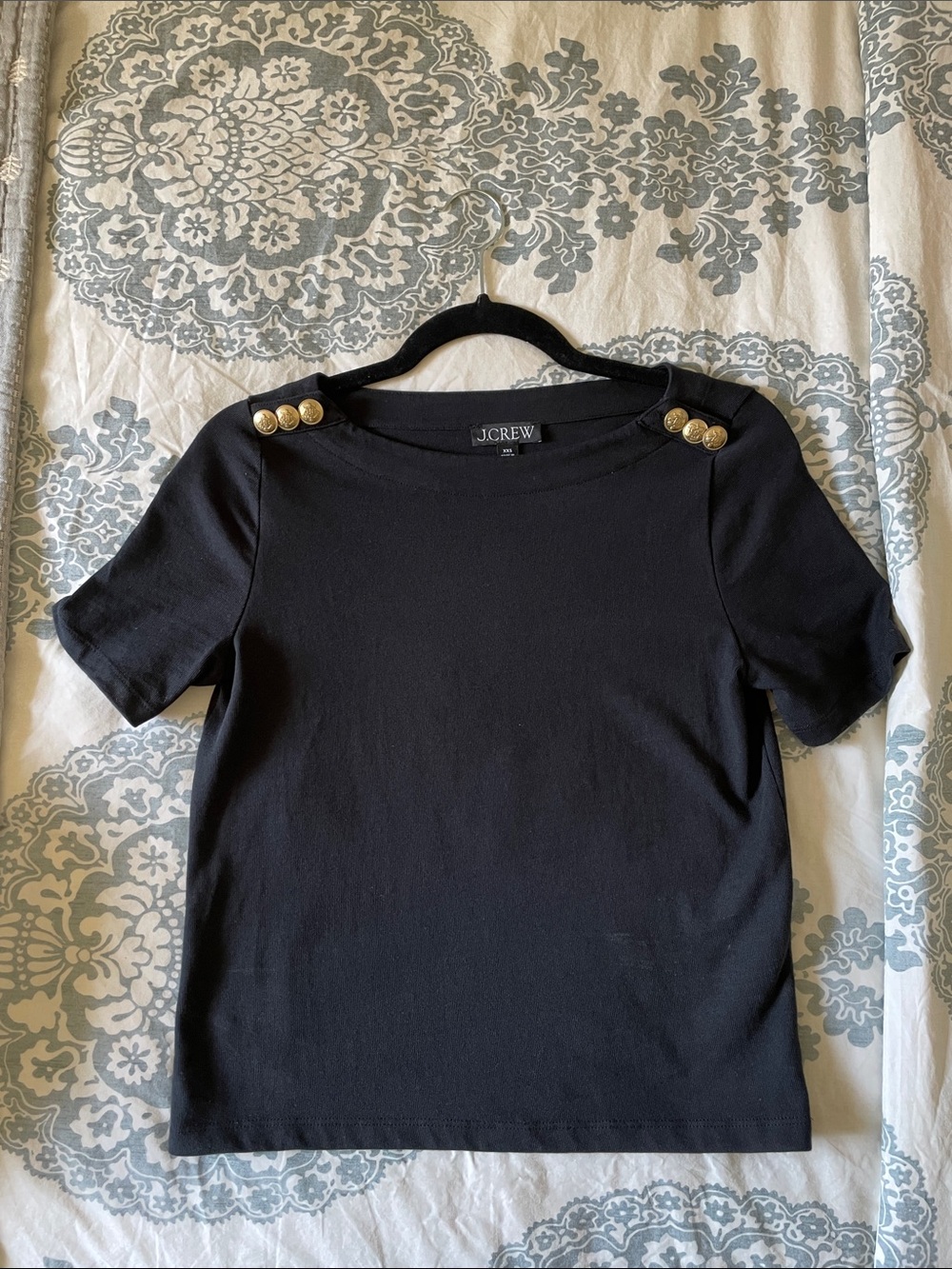 J. Crew Black Short Sleeve Top with Gold Shoulder Buttons